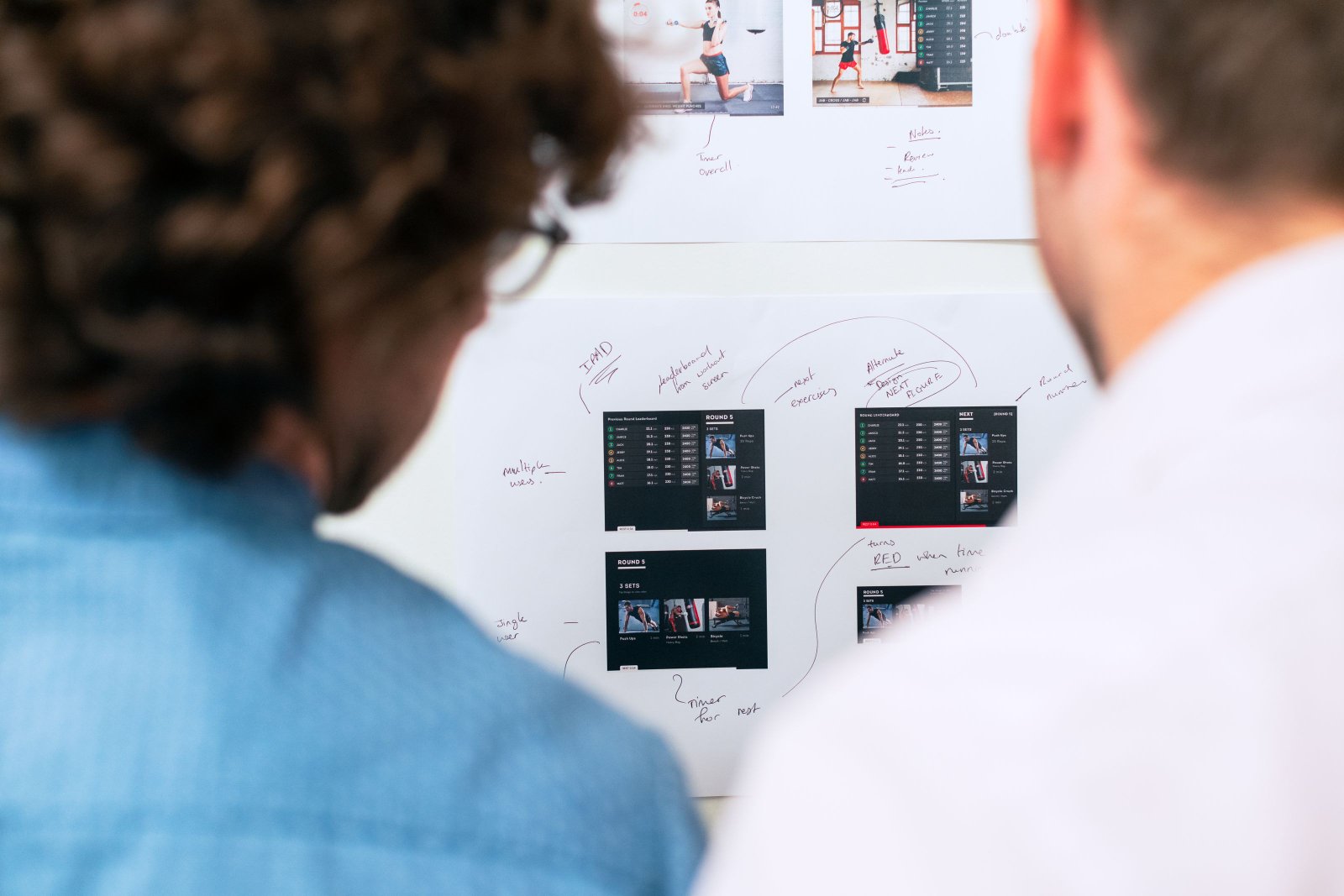 Developers planning an app interface on a whiteboard