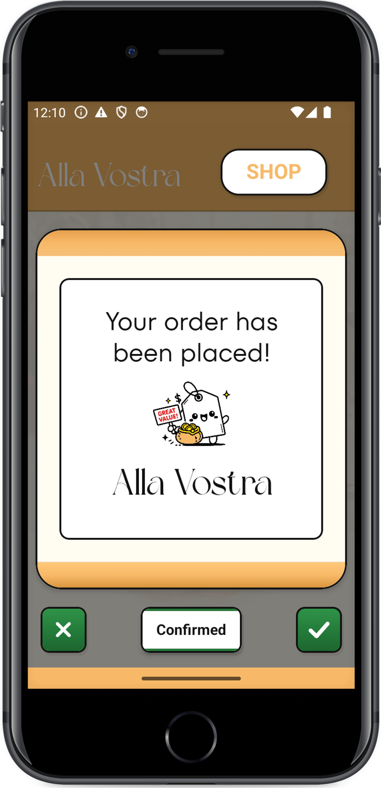 Alla Vostra confirmation screen