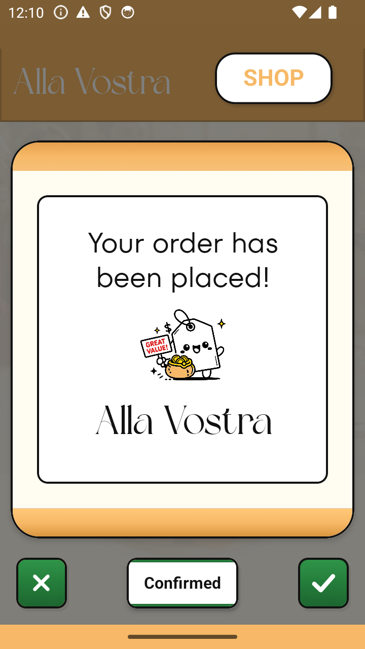 Alla Vostra confirmation screen